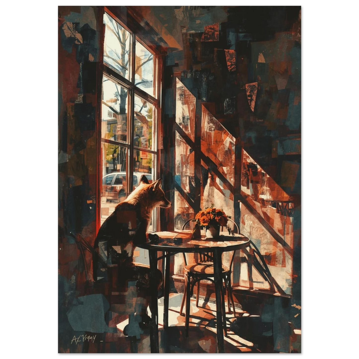 Abstrakt oljemålning av en räv vid cafébord med mörk inramning