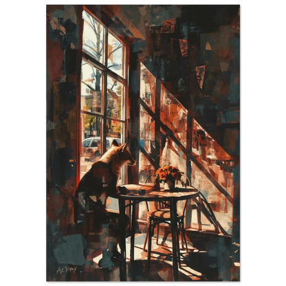 Abstrakt oljemålning av en räv vid cafébord med mörk inramning