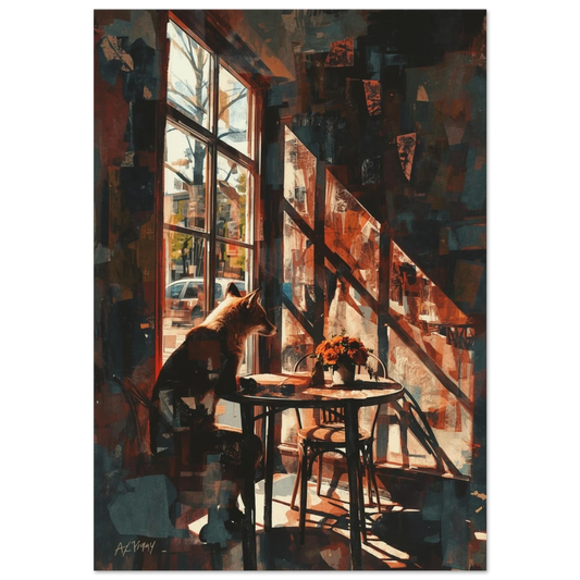 Abstrakt oljemålning av en räv vid cafébord med mörk inramning