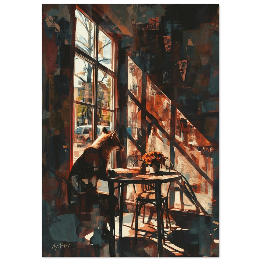 Abstrakt oljemålning av en räv vid cafébord med mörk inramning