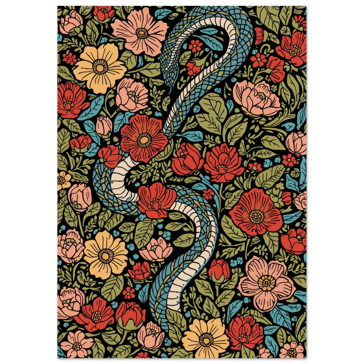 Grafiskt djurmotiv föreställande en orm i ett frodigt blommigt landskap