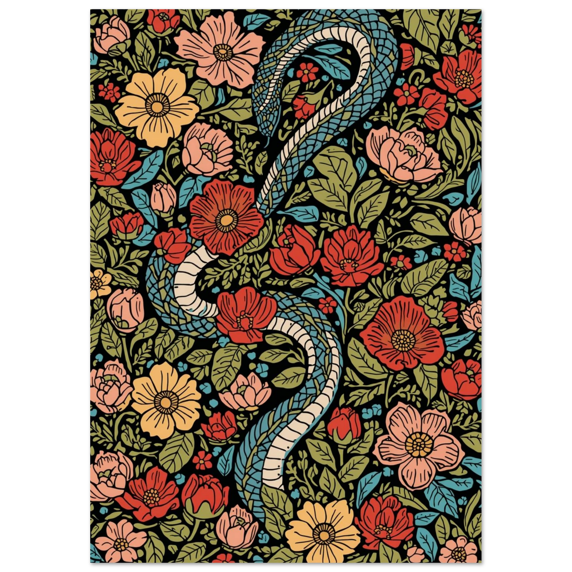 Grafiskt djurmotiv föreställande en orm i ett frodigt blommigt landskap