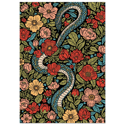 Grafiskt djurmotiv föreställande en orm i ett frodigt blommigt landskap