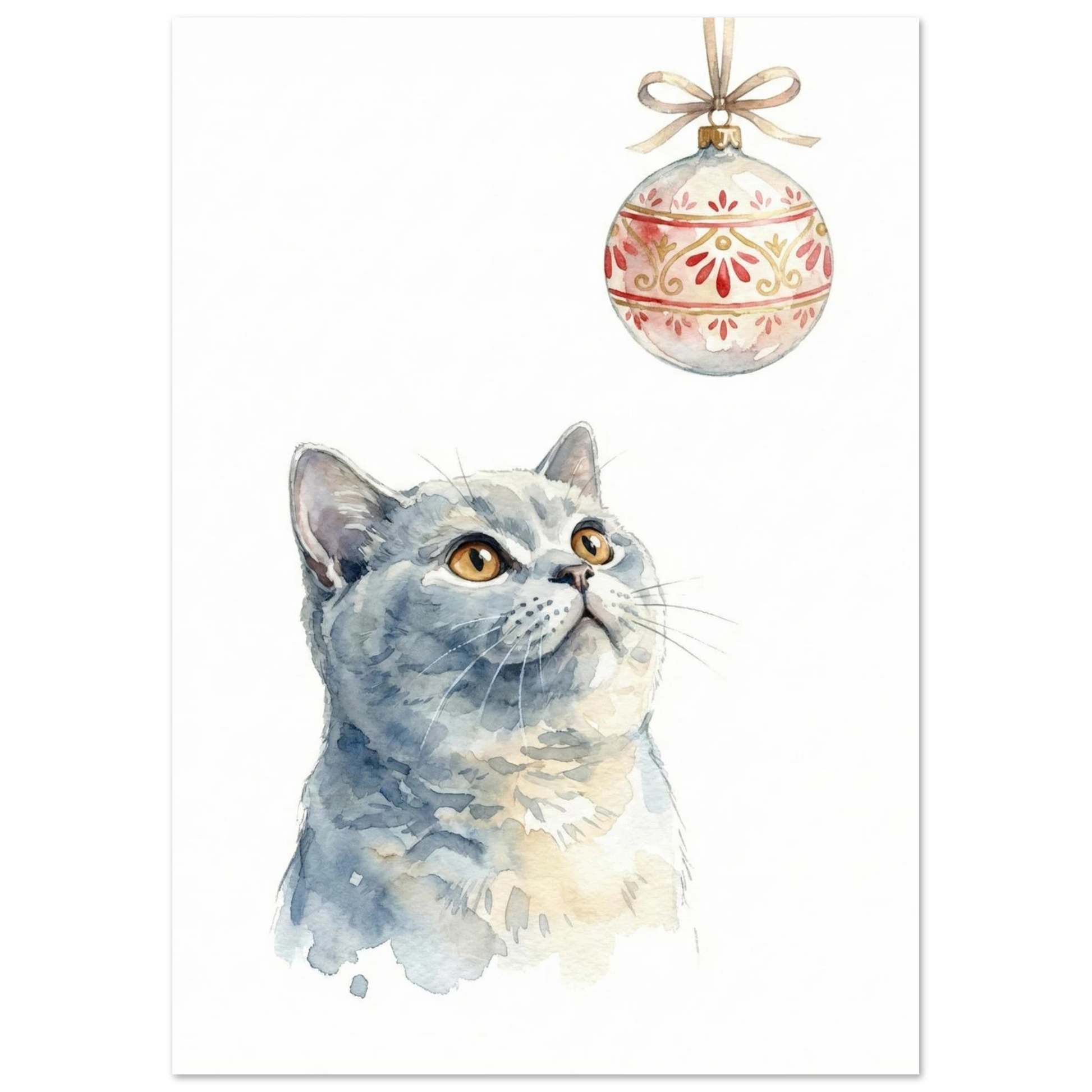 Kattposter med julkula i guld och rött mot vit bakgrund