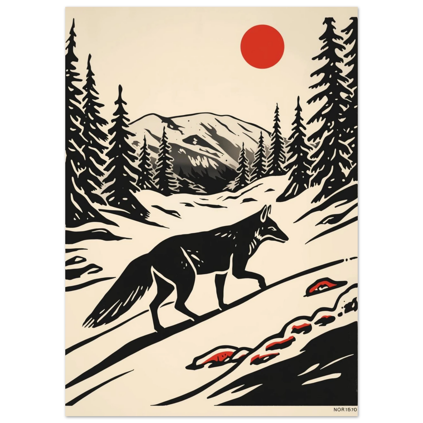 Nordisk varg vandrar genom fjällmiljö, stiliserad illustration i svartvitt