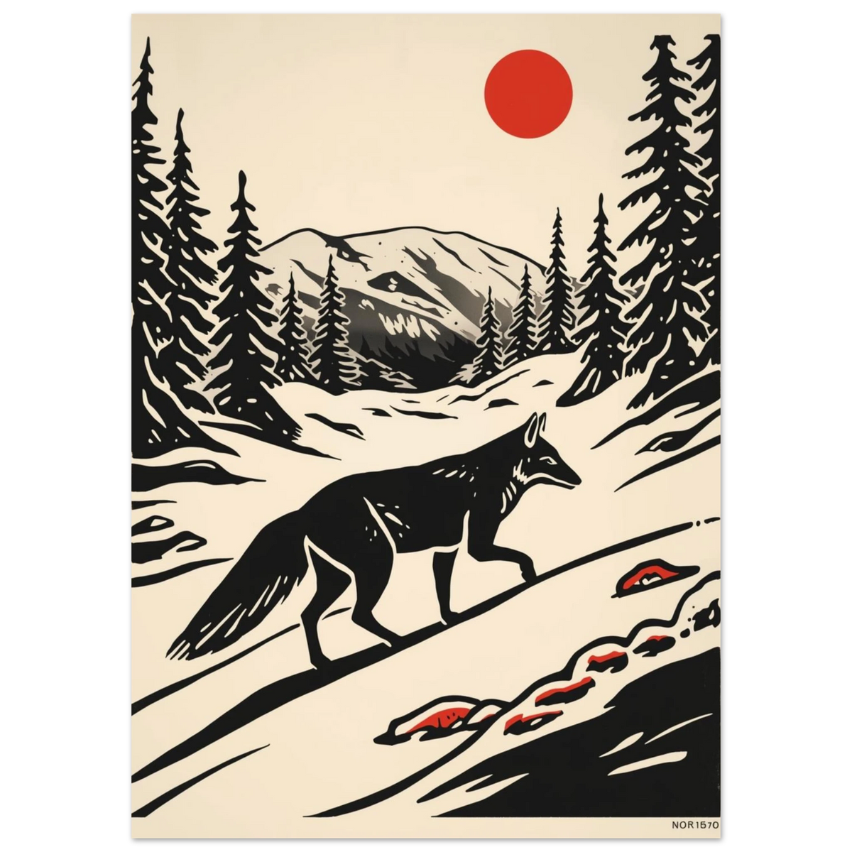Nordisk varg vandrar genom fjällmiljö, stiliserad illustration i svartvitt