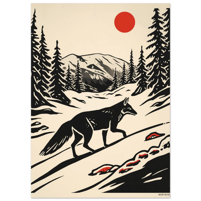 Nordisk varg vandrar genom fjällmiljö, stiliserad illustration i svartvitt