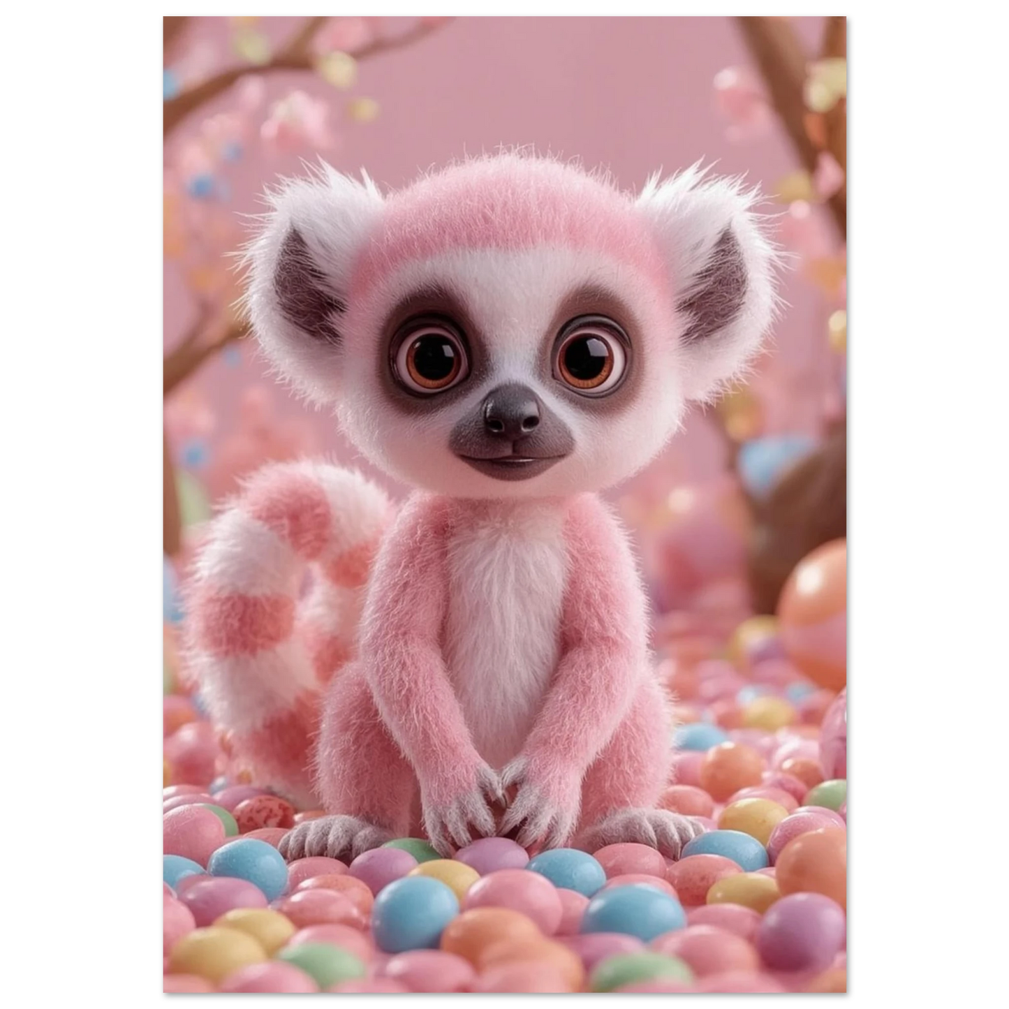 Rosa fluffig lemur bland färgglada godisbitar – 3D-illustration för barnrum