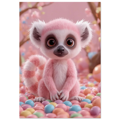 Rosa fluffig lemur bland färgglada godisbitar – 3D-illustration för barnrum