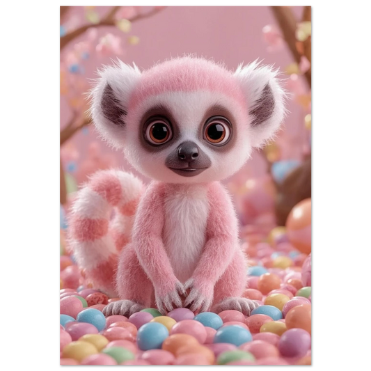 Rosa fluffig lemur bland färgglada godisbitar – 3D-illustration för barnrum