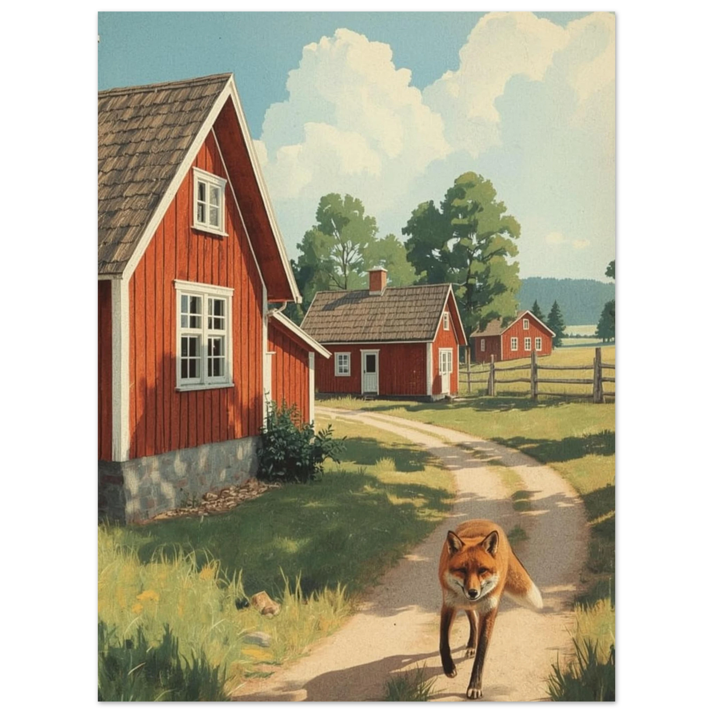 Målning av en räv som vandrar genom en svensk bondby