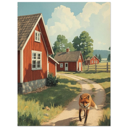 Målning av en räv som vandrar genom en svensk bondby