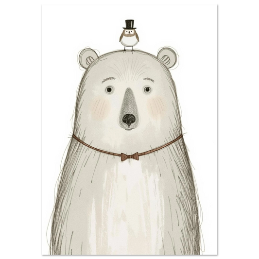 Tecknad björn med fågel på huvudet och fluga, sett framifrån – Tecknad poster