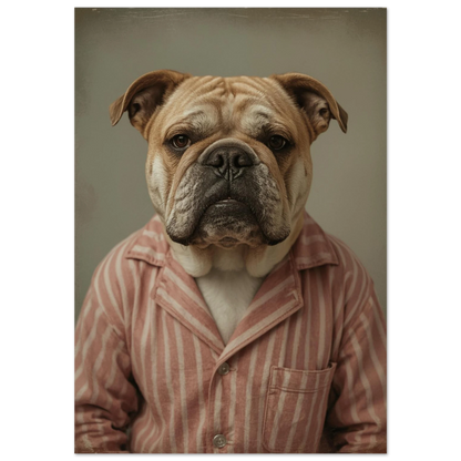 Engelsk bulldog i rosa-vitrandig pyjamas – humoristisk fotokonst för väggen