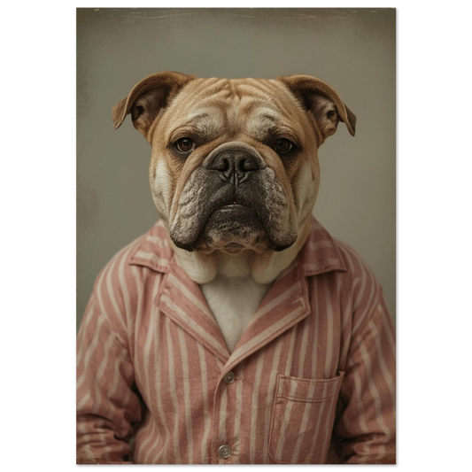 Engelsk bulldog i rosa-vitrandig pyjamas – humoristisk fotokonst för väggen