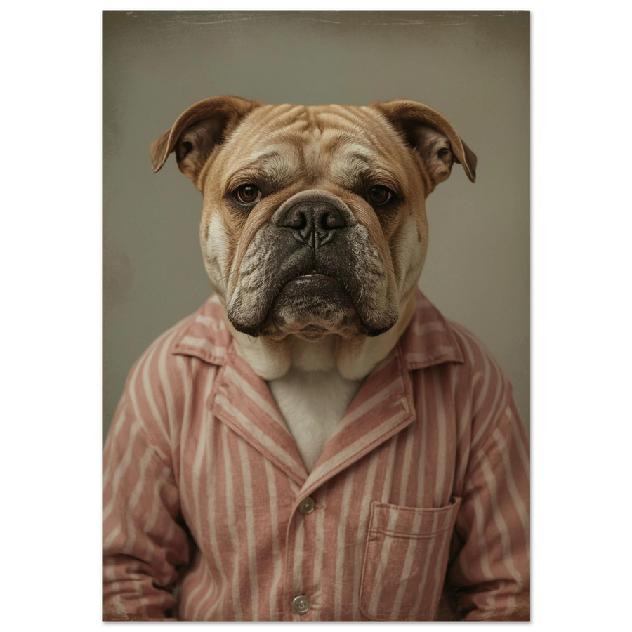 Engelsk bulldog i rosa-vitrandig pyjamas – humoristisk fotokonst för väggen