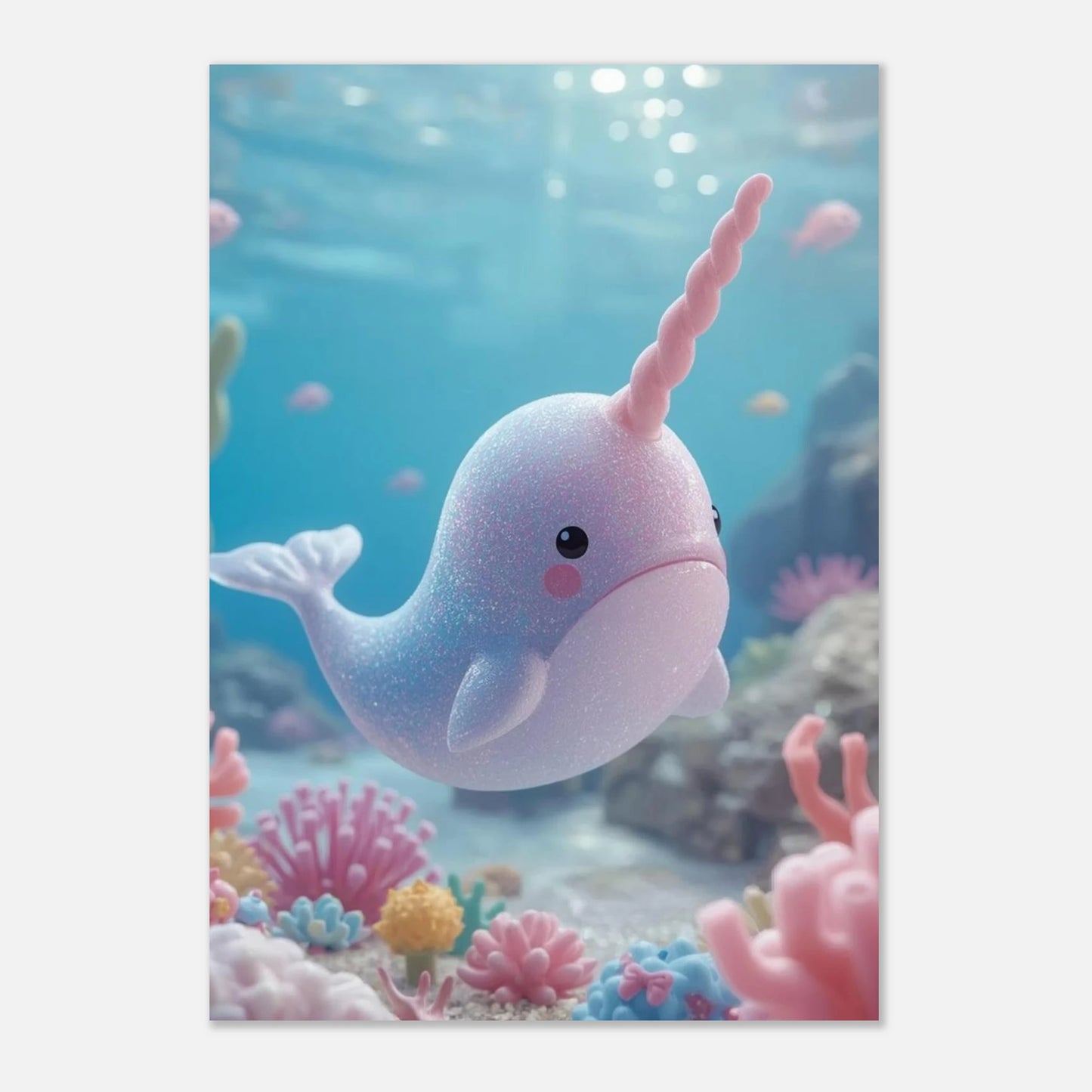 Drömlik illustration av en narval med rosa kinder under vatten