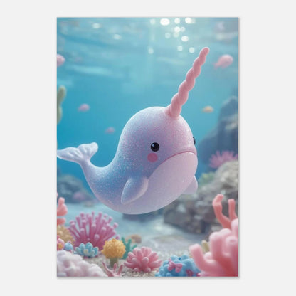 Drömlik illustration av en narval med rosa kinder under vatten