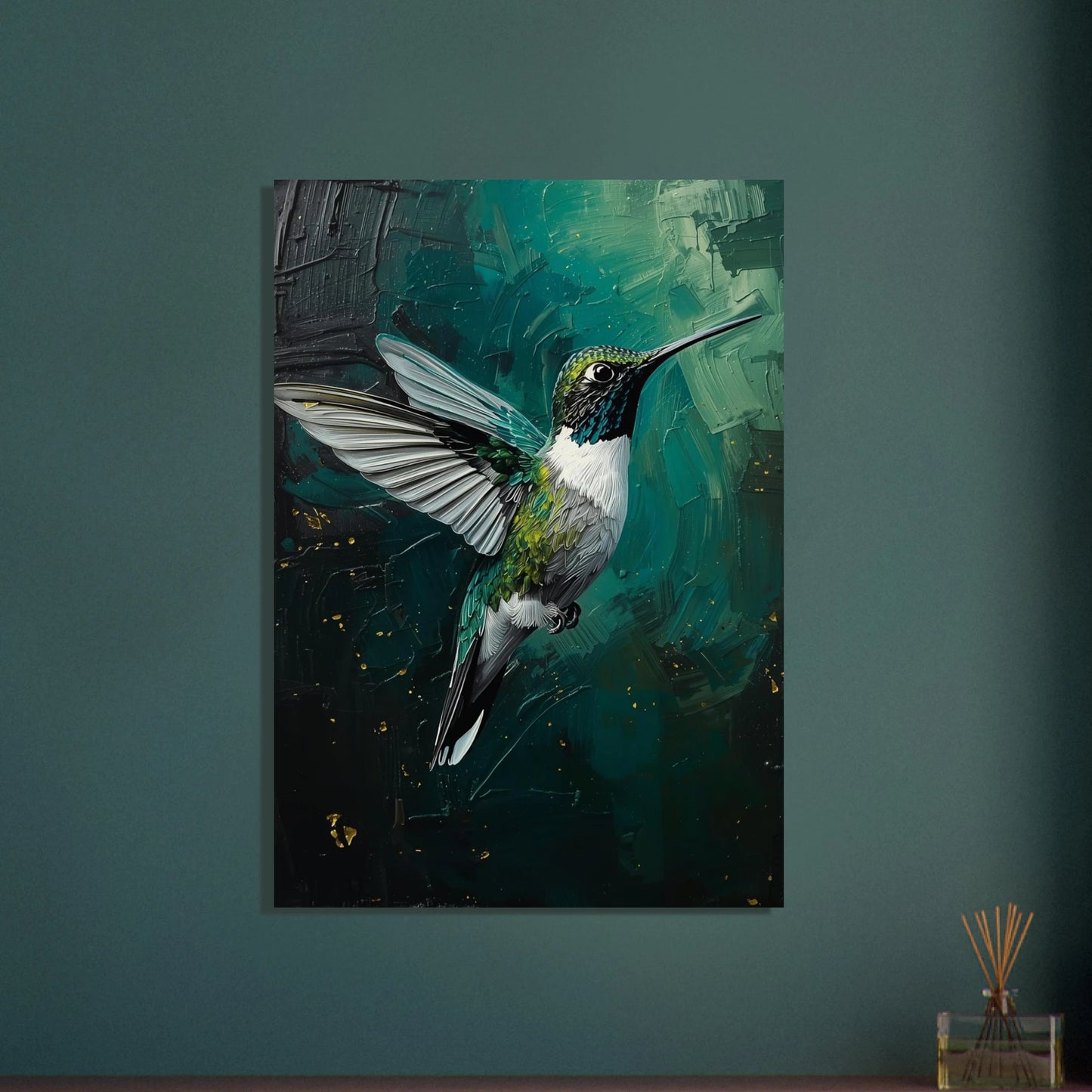 Kolibri i impasto-stil, med gröna och blå toner mot mörk bakgrund.