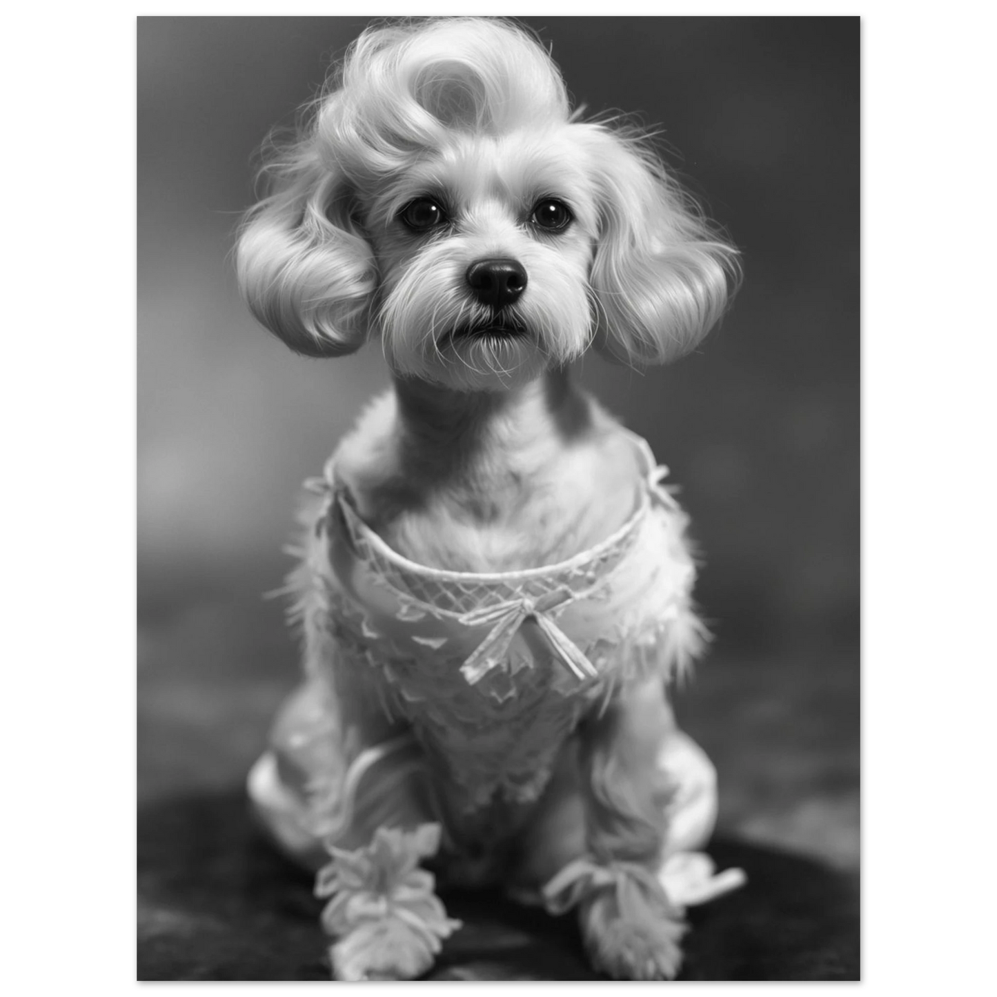 Närbild på en sofistikerad hund i klassisk studiomiljö – Fotorealistisk poster