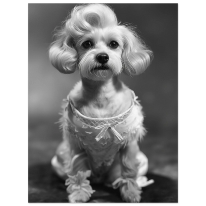 Närbild på en sofistikerad hund i klassisk studiomiljö – Fotorealistisk poster