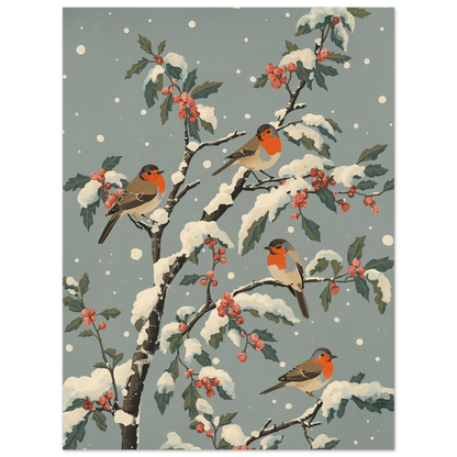 Vinterfåglar på bärbuske i snöfall, nostalgisk poster för nordiska hem