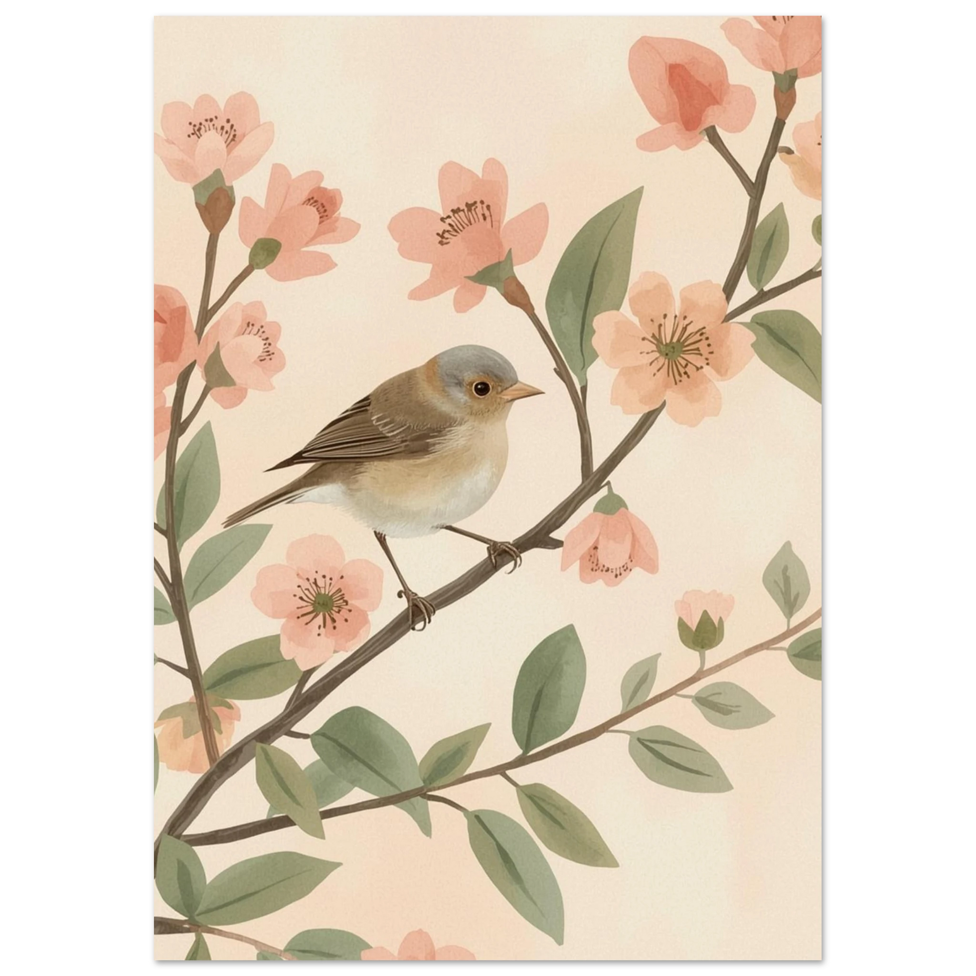 Naturillustration av en fågel bland vårblommor i mjuka persikotoner