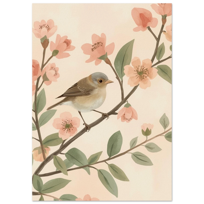 Naturillustration av en fågel bland vårblommor i mjuka persikotoner