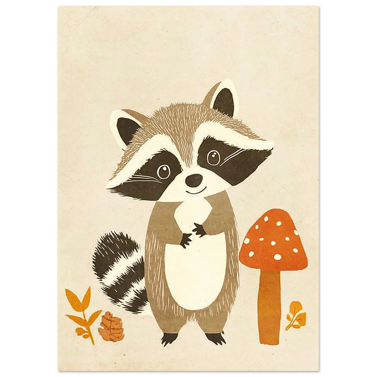 Illustration av tvättbjörn i skogsmiljö med röd svamp, barnrumstavla