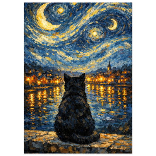 Svart katt blickar ut över en upplyst stad och virvlande stjärnhimmel – Målad Poster
