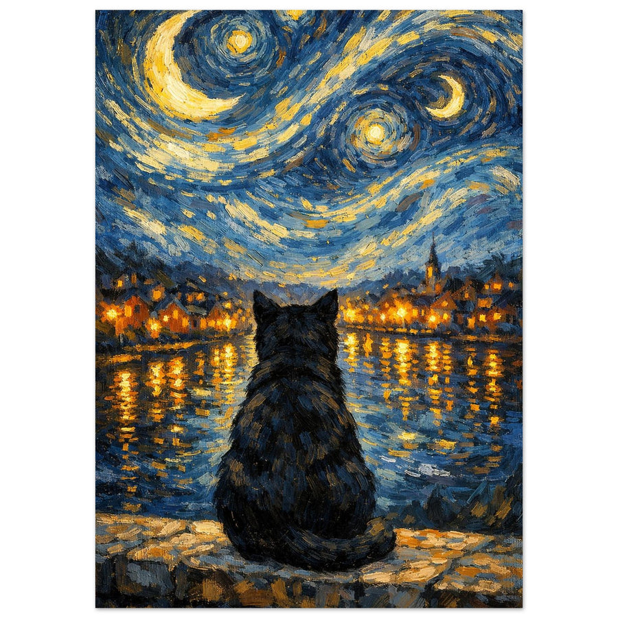 Svart katt blickar ut över en upplyst stad och virvlande stjärnhimmel – Målad Poster
