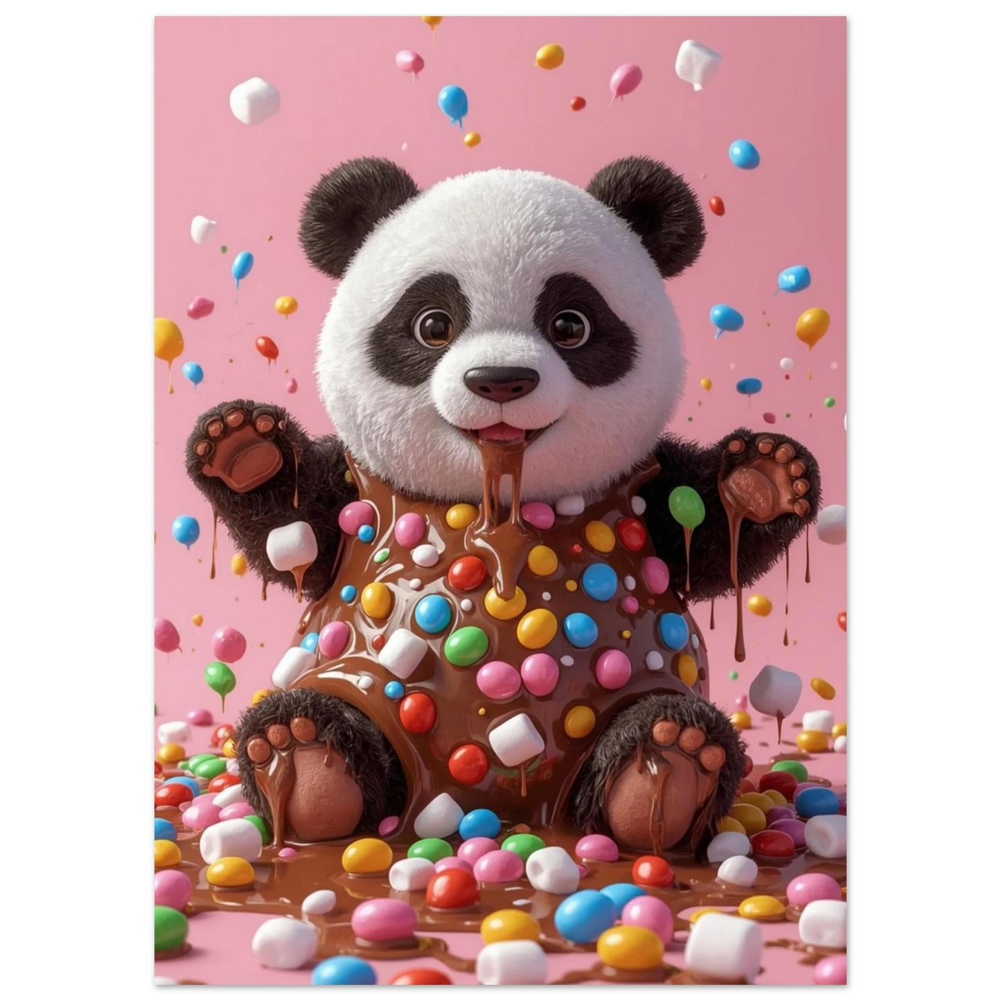 Digital illustration av en panda med marshmallows och godis i ett sött drömlandskap
