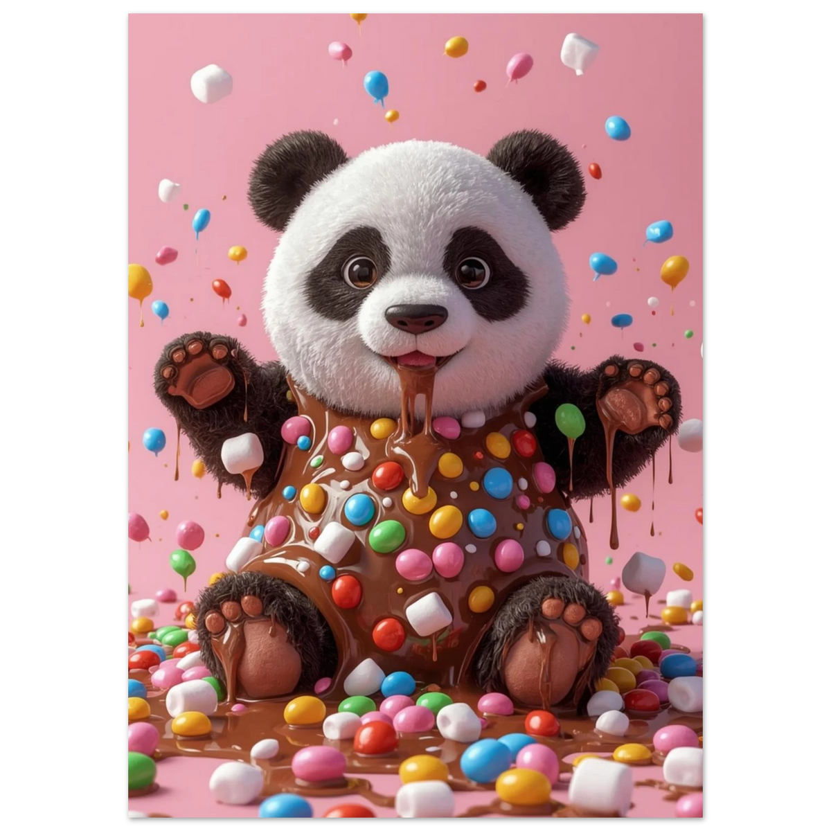 Digital illustration av en panda med marshmallows och godis i ett sött drömlandskap