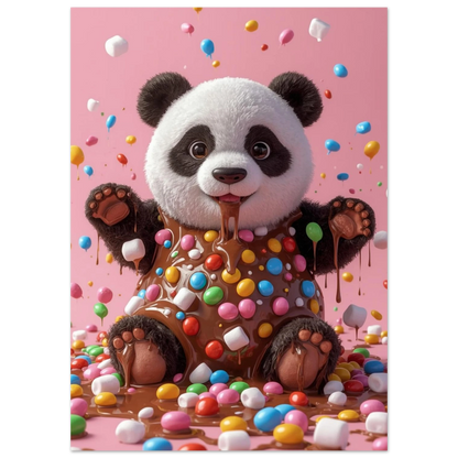 Digital illustration av en panda med marshmallows och godis i ett sött drömlandskap