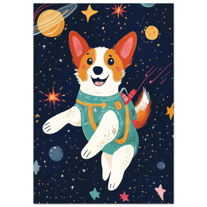 Glad Corgi i turkos rymddräkt svävande bland planeter – rymdposter