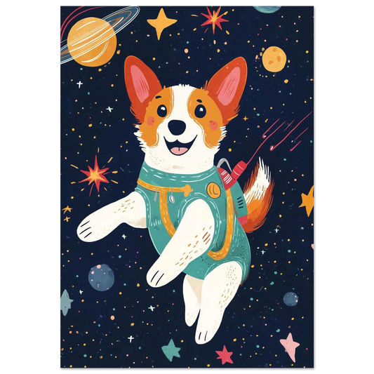 Glad Corgi i turkos rymddräkt svävande bland planeter – rymdposter