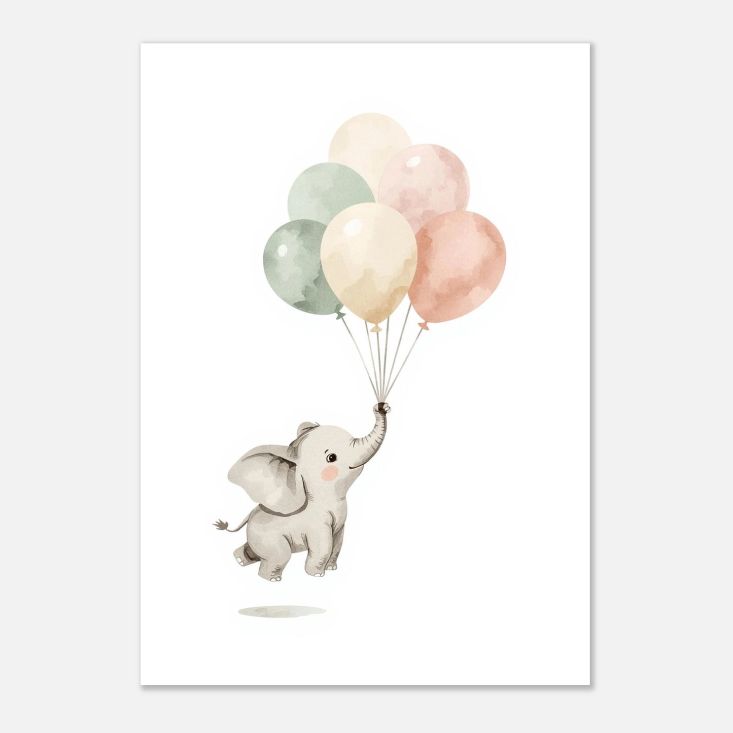 Konstnärligt print av en elefant på äventyr med ballonger, söt barnrumstavla