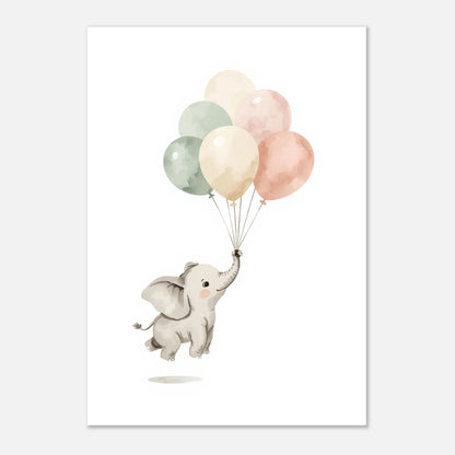 Konstnärligt print av en elefant på äventyr med ballonger, söt barnrumstavla