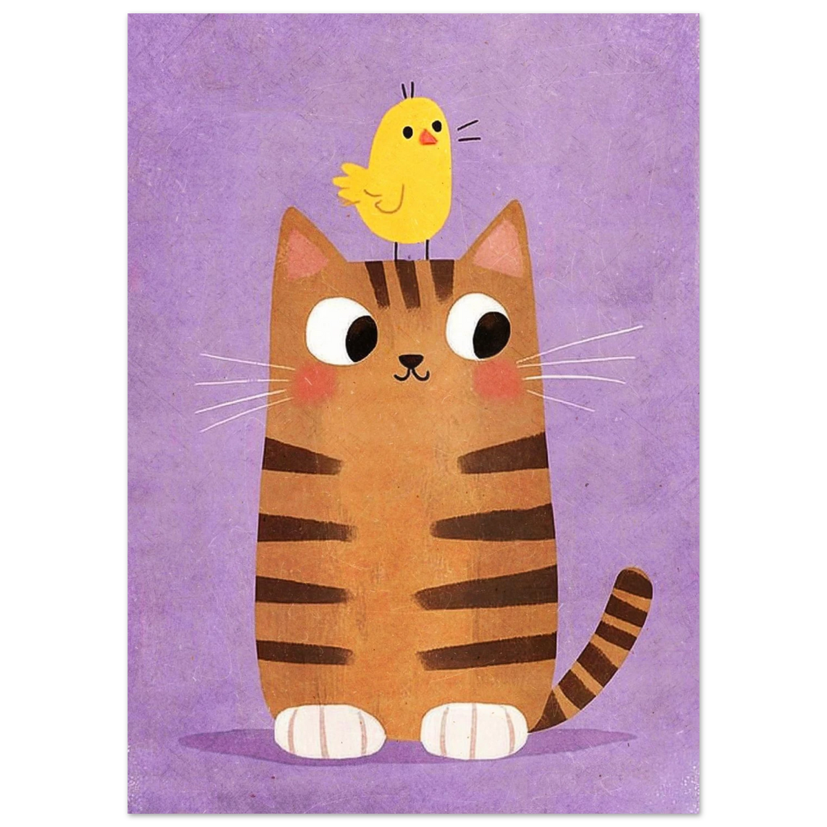 Närbild på illustrerad katt med stora ögon och liten fågelvän