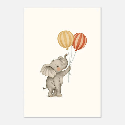 Charmig djurposter föreställande en lycklig elefant med svävande ballonger