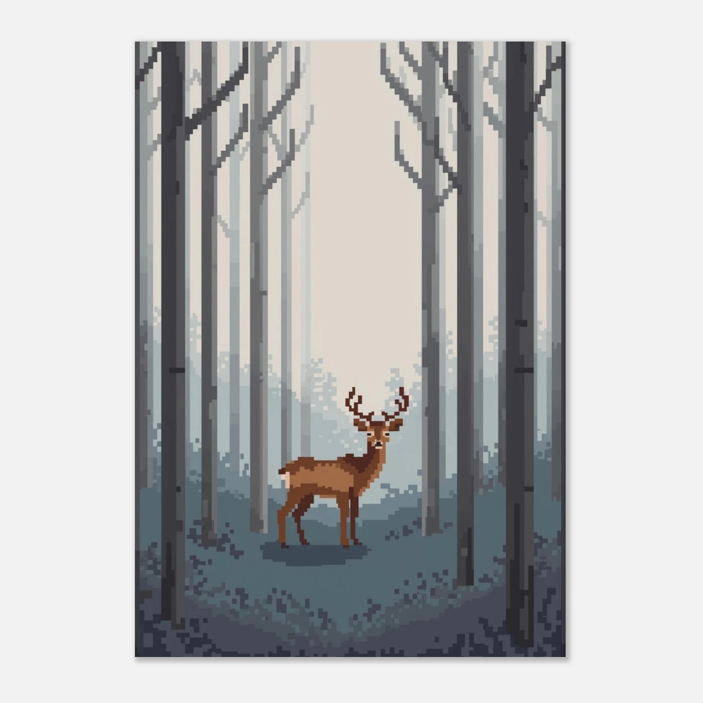 Nostalgisk pixelposter med hjortmotiv i dämpade grå toner – väggkonst