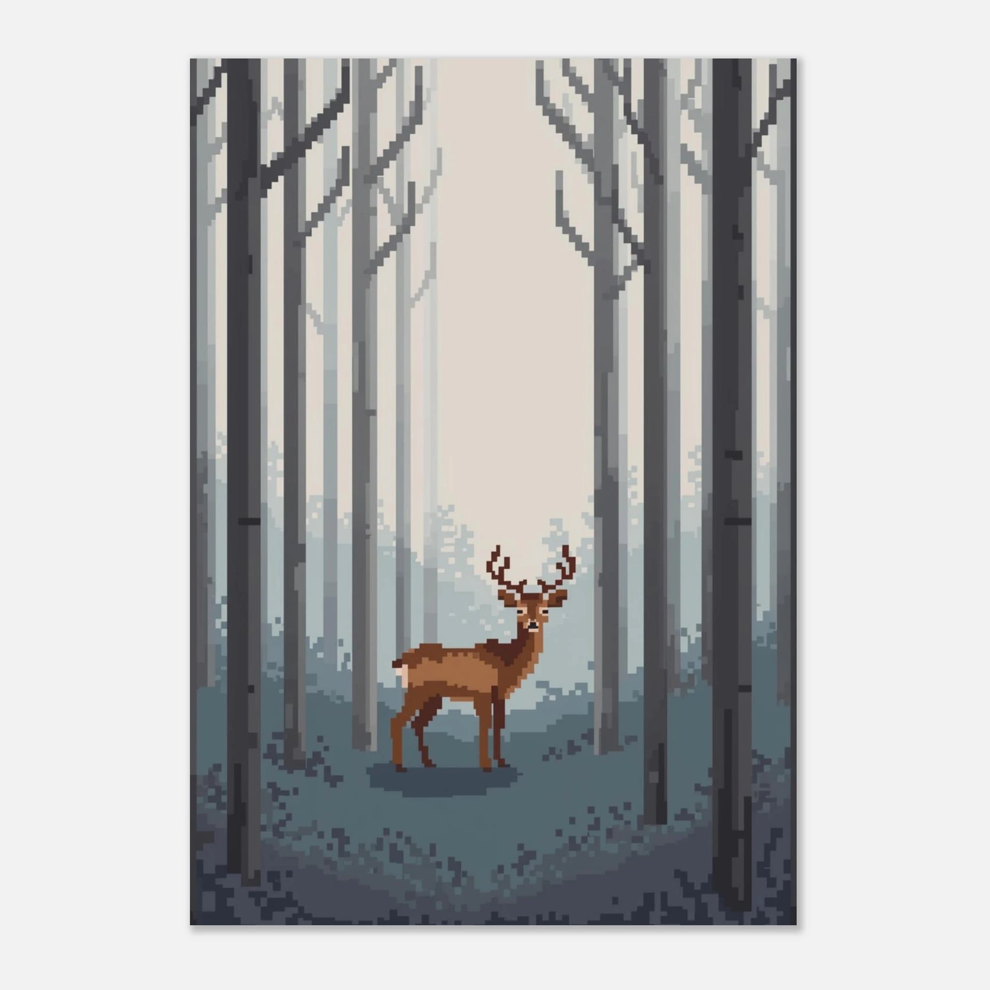 Nostalgisk pixelposter med hjortmotiv i dämpade grå toner – väggkonst