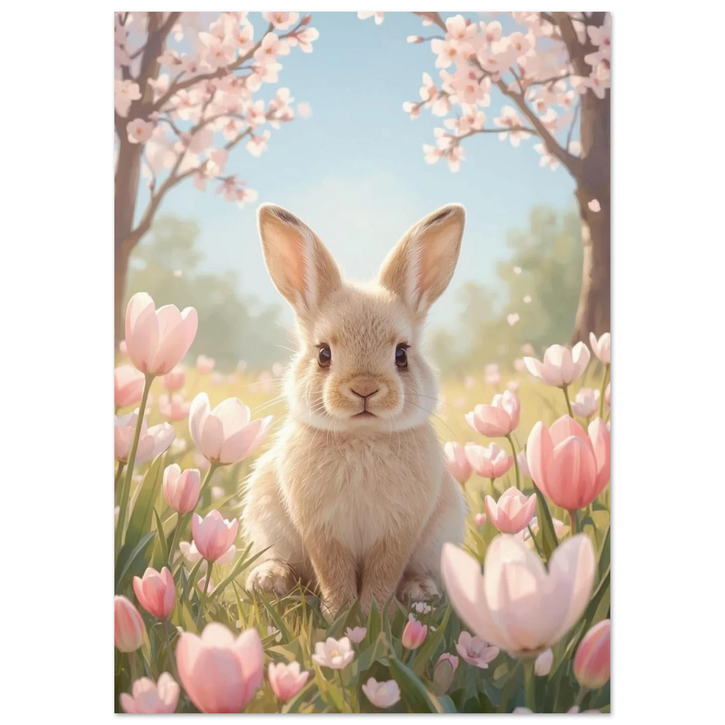 Söt kanin som sitter i gräset omgiven av tulpaner och vårblommor, digital målning