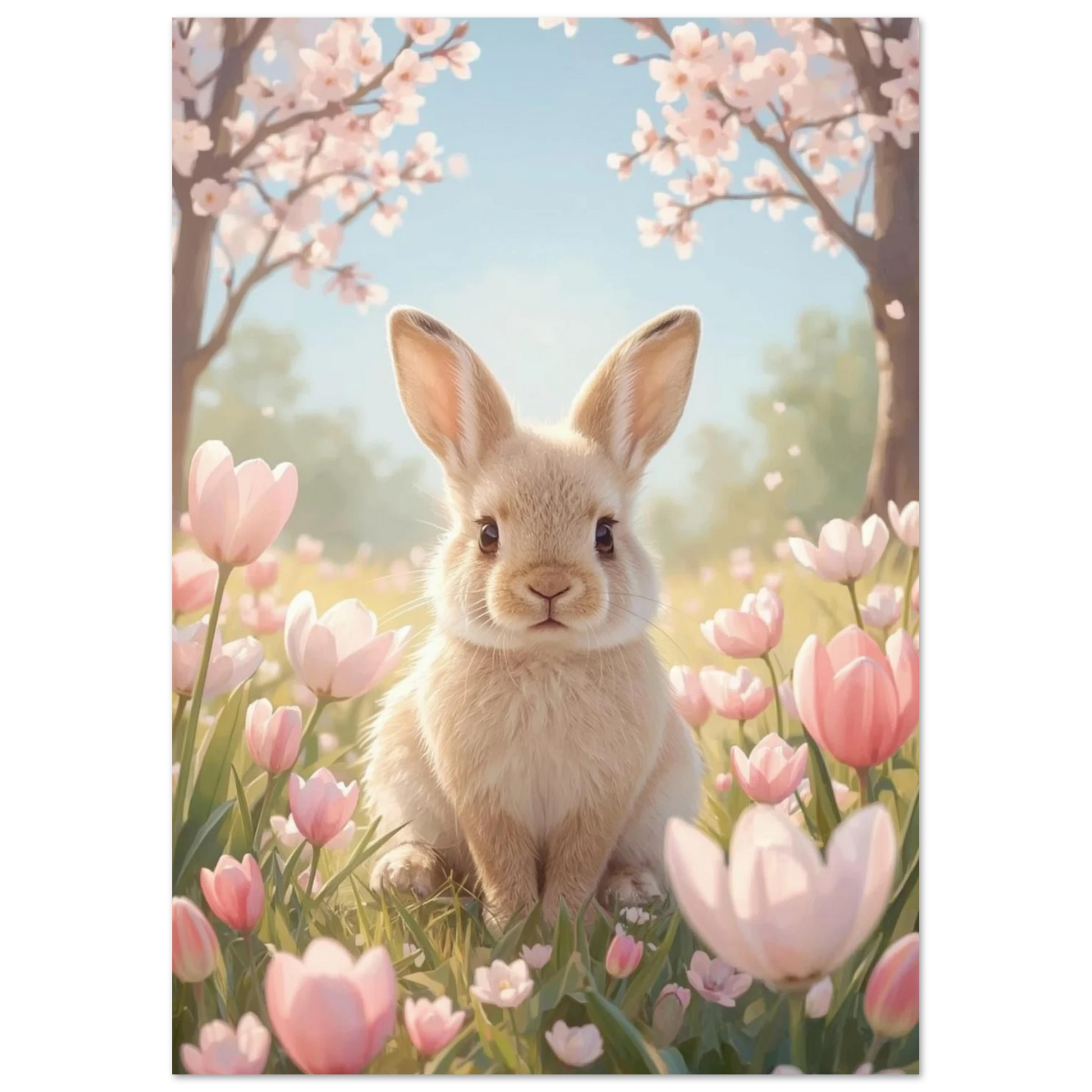 Söt kanin som sitter i gräset omgiven av tulpaner och vårblommor, digital målning