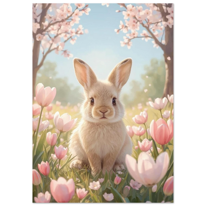 Söt kanin som sitter i gräset omgiven av tulpaner och vårblommor, digital målning