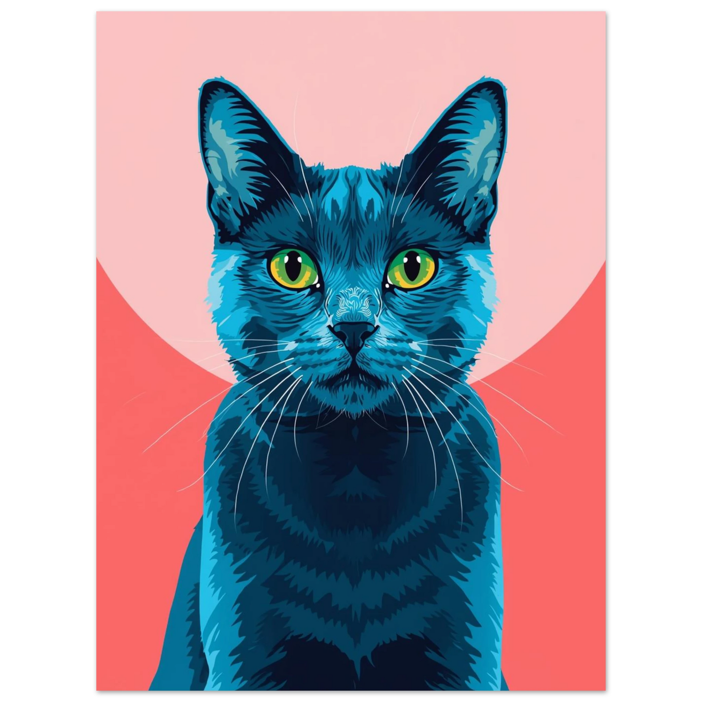 Närbild på blå katt i modern illustrationsstil med rosa detaljer – djurposter