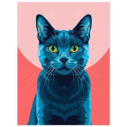 Närbild på blå katt i modern illustrationsstil med rosa detaljer – djurposter