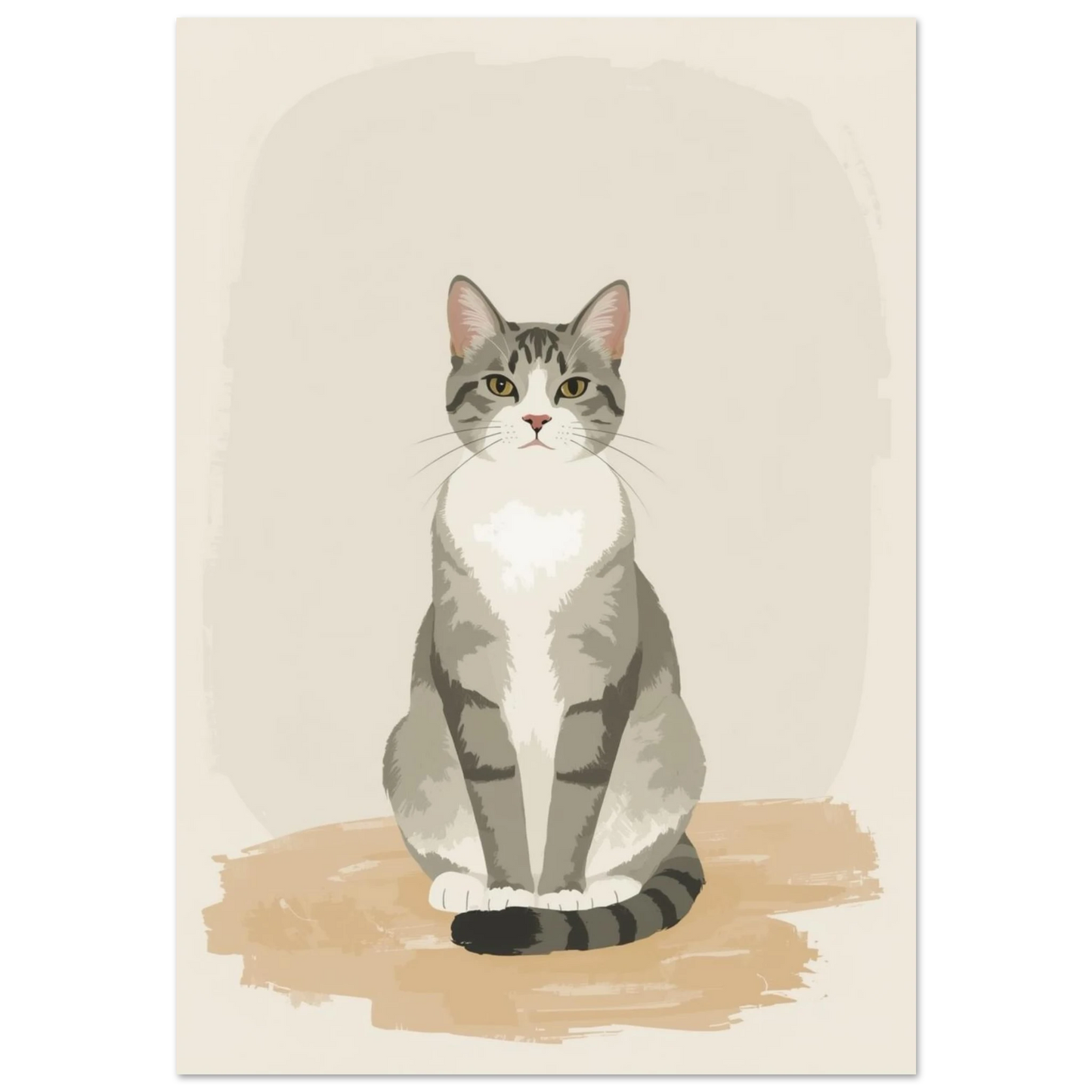 Sittande gråvit tabbykatt i minimalistisk illustration med beige bakgrund