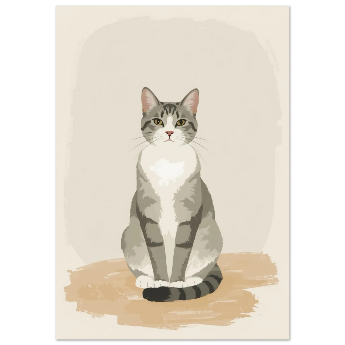 Sittande gråvit tabbykatt i minimalistisk illustration med beige bakgrund