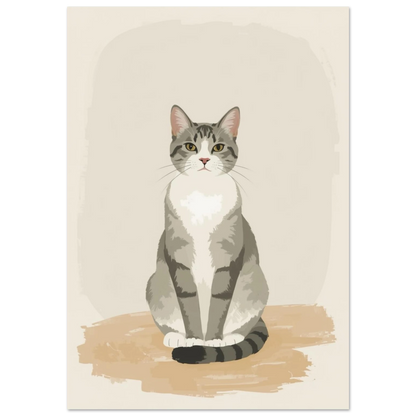 Sittande gråvit tabbykatt i minimalistisk illustration med beige bakgrund